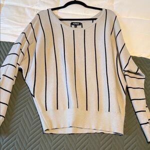 Express Women's Cream and Black Striped Sweater
